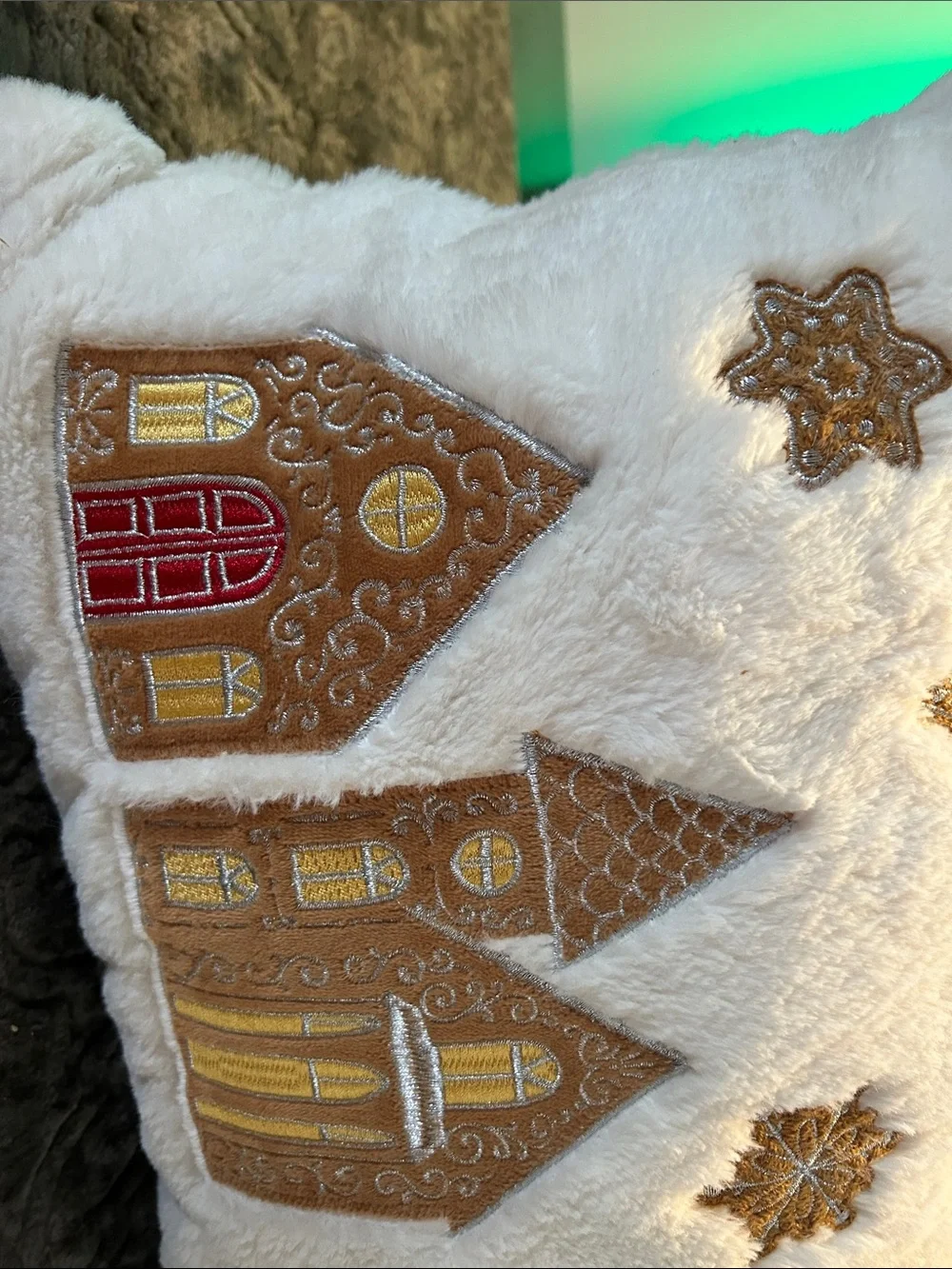 Holiday Embroidered Gingerbread House Decorative Throw Pillow - White and Gold